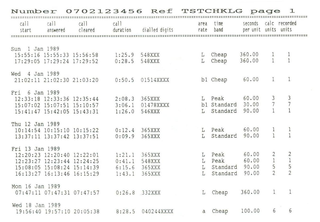 Sample CHECKLOG call output showing decoded call records